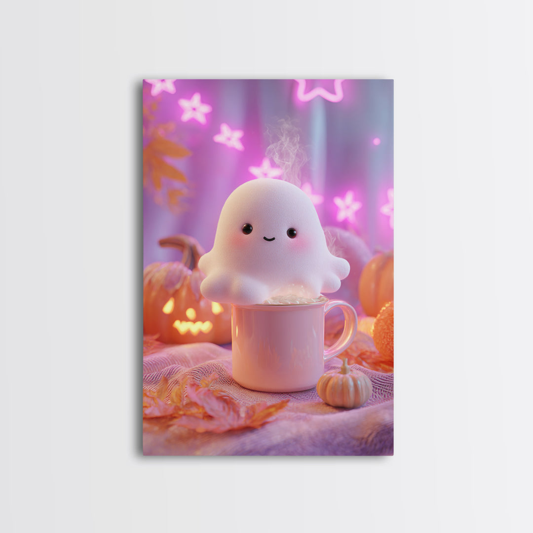 The Marshmallow Ghost, Vaporwave Halloween Decor, Vertical Wall Art, Framed Canvas Print, Retro Halloween Decor, Neon Wall Art