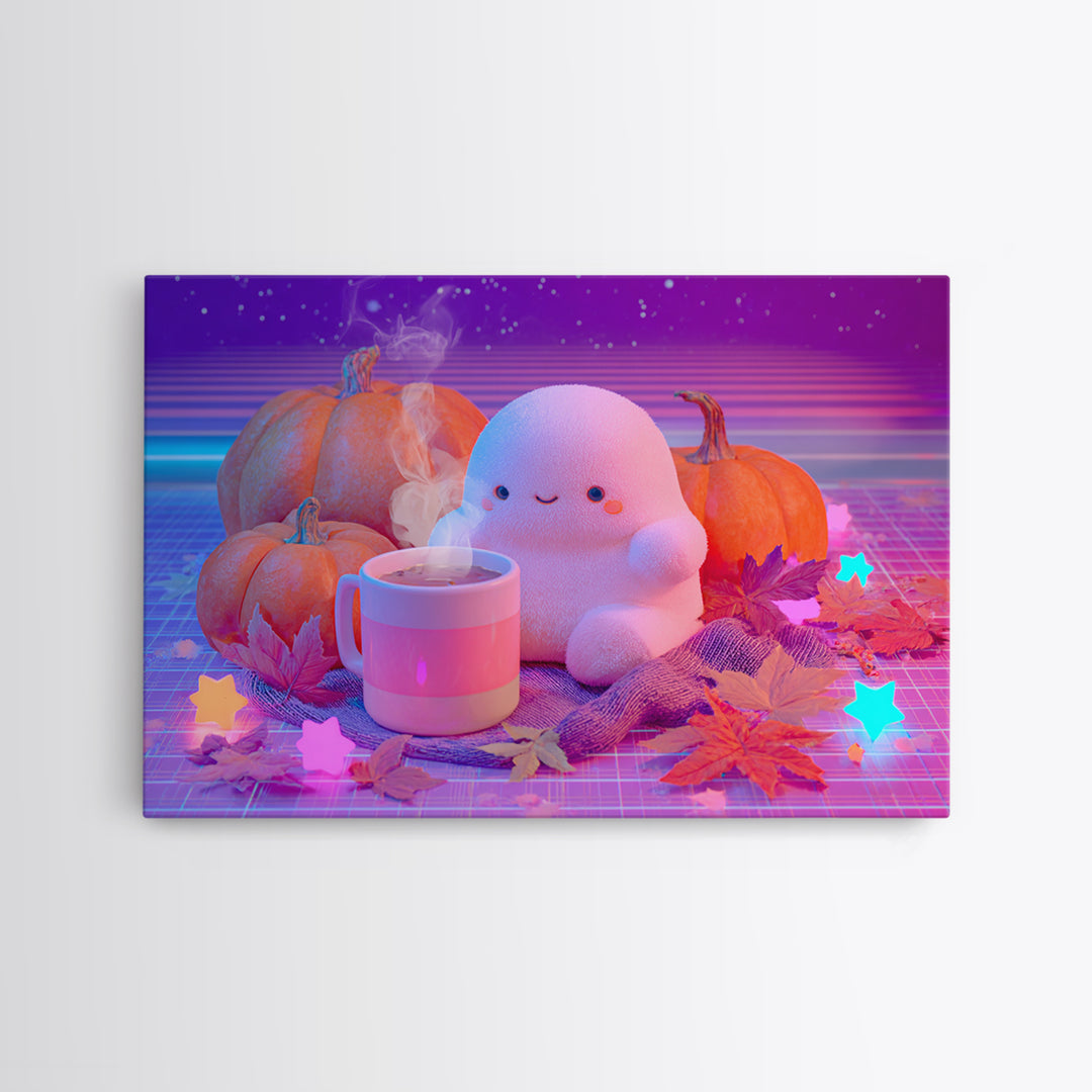 The Marshmallow Ghost, Cute Spooky Neon Art, Landscape Wall Art, Framed Canvas Print, Retro Halloween Decor, Neon Wall Art, Macabre Wall Art