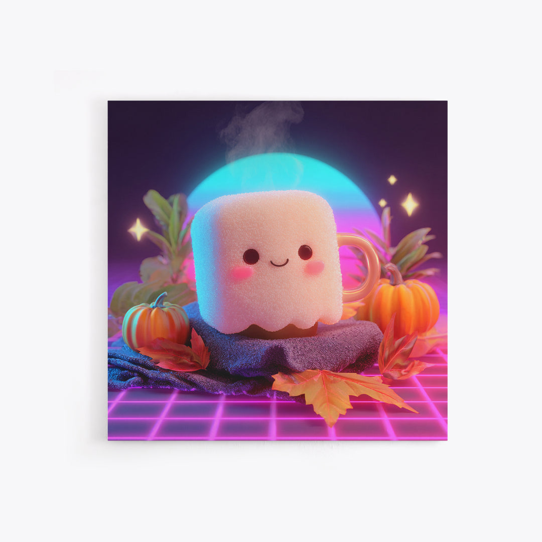 The Marshmallow Ghost, Vaporwave Halloween Decor, Square Wall Art, Framed Canvas Print, Retro Halloween Decor, Neon Wall Art