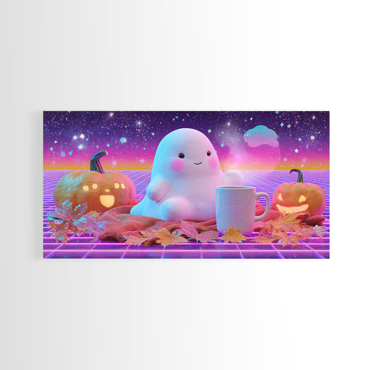 The Marshmallow Ghost, Cute Spooky Neon Art, Wide Panoramic Art, Canvas Print, Retro Halloween Decor, Neon Wall Art, Seasonal Home Decor