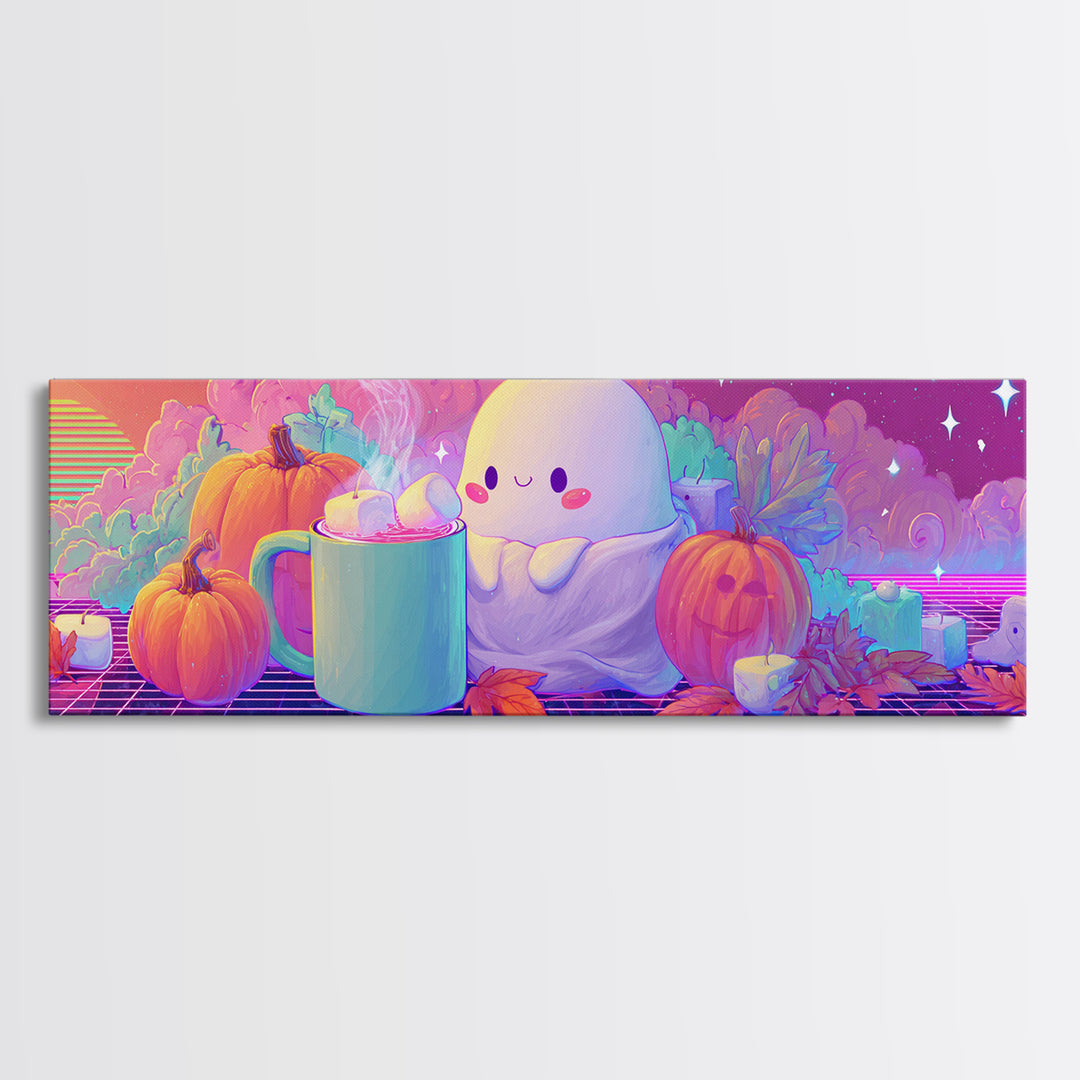 The Marshmallow Ghost, Retro Neon Halloween Art, Extra Wide Wall Art, Framed Canvas Print, Retro Halloween Decor, Neon Wall Art
