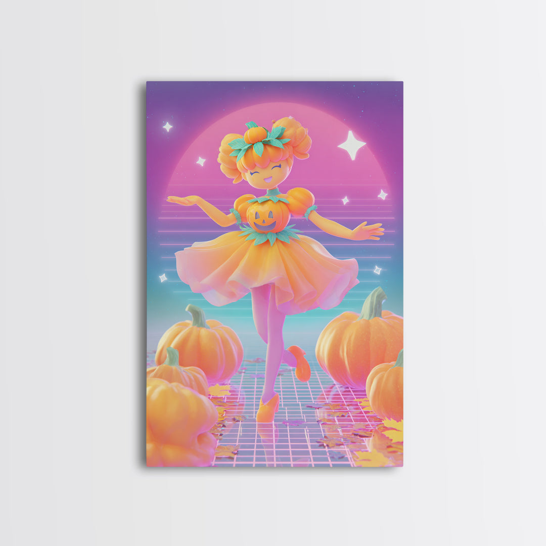 The Pumpkin Princess, Cute Spooky Neon Art, Vertical Wall Art, Framed Canvas Print, Retro Halloween Decor, Neon Wall Art, Dark Fantasy Art
