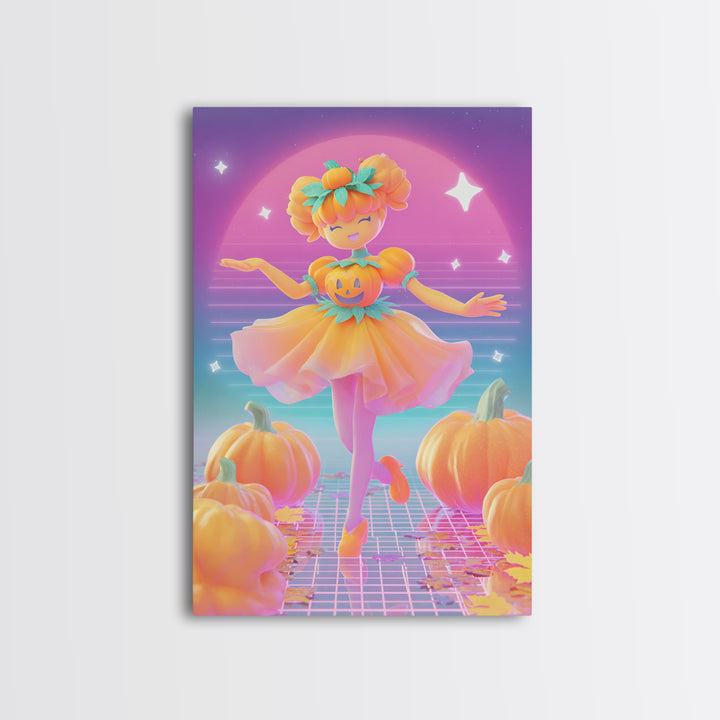 The Pumpkin Princess, Cute Spooky Neon Art, Vertical Wall Art, Framed Canvas Print, Retro Halloween Decor, Neon Wall Art, Dark Fantasy Art