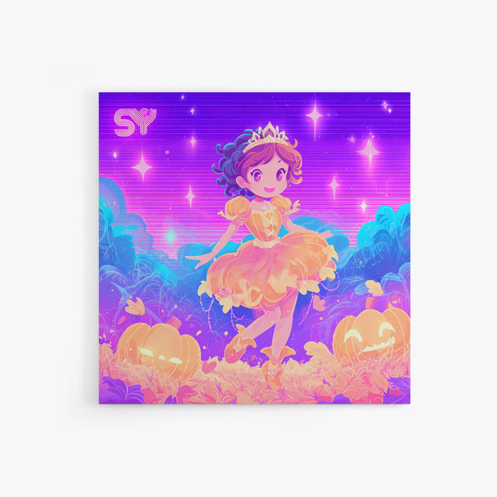 The Pumpkin Princess, Cute Spooky Neon Art, Square Wall Art, Canvas Print, Retro Halloween Decor, Neon Wall Art, Collectible Wall Decor