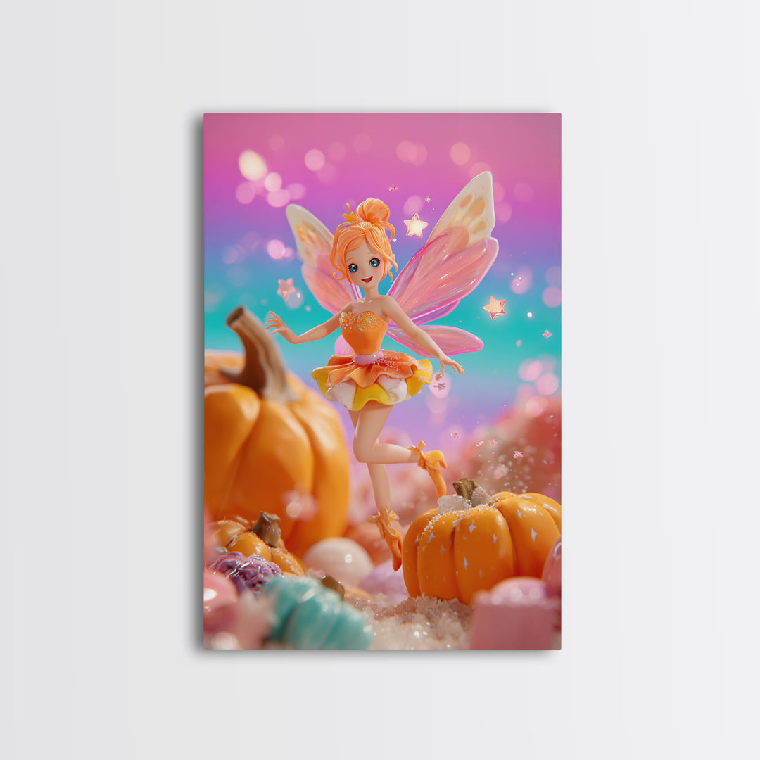 The Candy Corn Fairy, Retro Neon Halloween Art, Vertical Wall Art, Framed Canvas Print, Retro Halloween Decor, Neon Wall Art