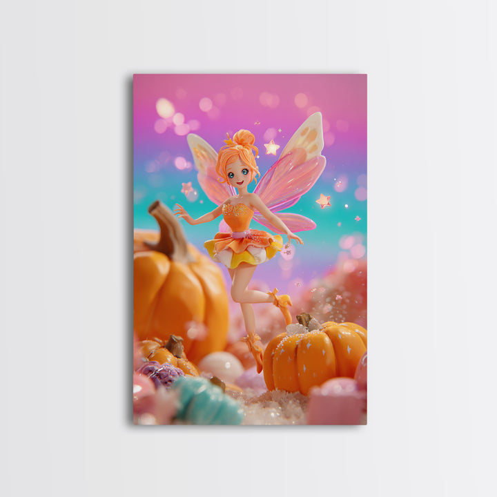 The Candy Corn Fairy, Retro Neon Halloween Art, Vertical Wall Art, Framed Canvas Print, Retro Halloween Decor, Neon Wall Art