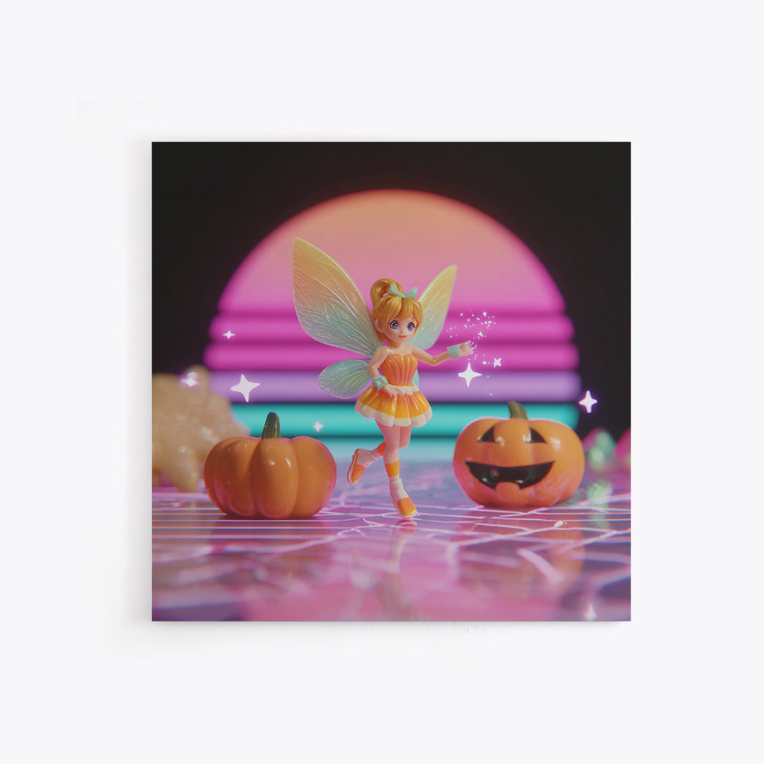 The Candy Corn Fairy, Vaporwave Halloween Decor, Square Wall Art, Canvas Print, Retro Halloween Decor, Neon Wall Art, Halloween Wall Art