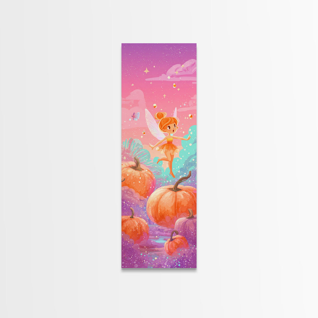 The Candy Corn Fairy, Cute Spooky Neon Art, Tall Narrow Wall Art, Canvas Print, Retro Halloween Decor, Neon Wall Art, Statement Wall Art