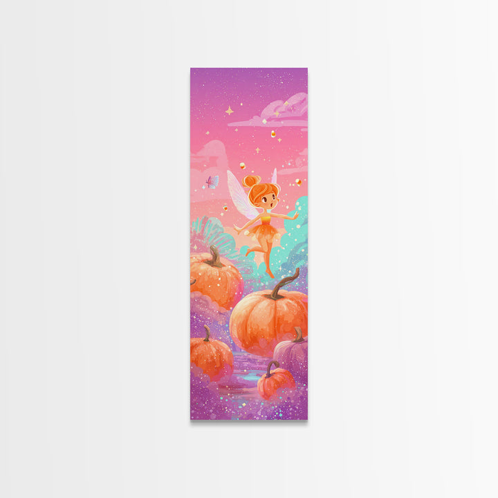 The Candy Corn Fairy, Cute Spooky Neon Art, Tall Narrow Wall Art, Canvas Print, Retro Halloween Decor, Neon Wall Art, Statement Wall Art