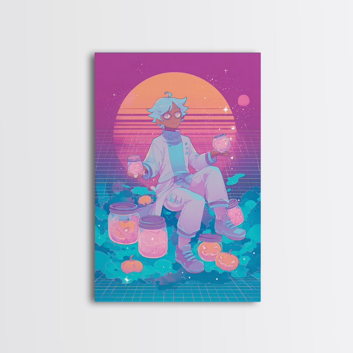 The Moonbeam Wizard, Vaporwave Halloween Decor, Vertical Wall Art, Framed Canvas Print, Retro Halloween Decor, Neon Wall Art