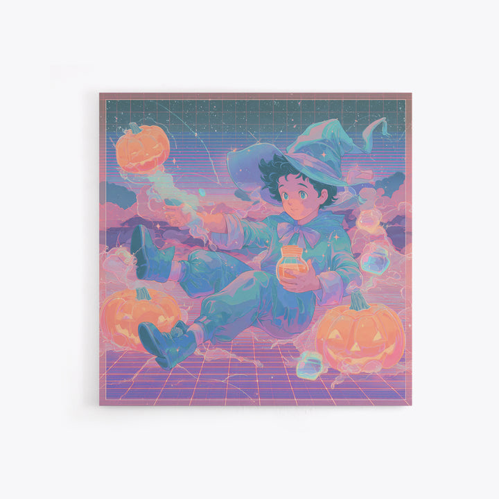 The Moonbeam Wizard, 80s Halloween Wall Art, Square Wall Art, Canvas Print, Retro Halloween Decor, Neon Wall Art, Collectible Wall Decor