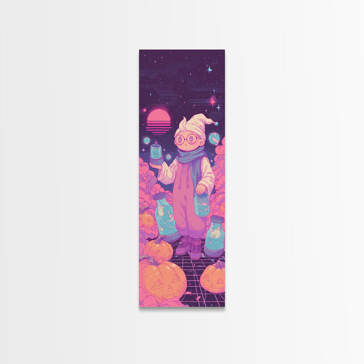 The Moonbeam Wizard, Retro Neon Halloween Art, Tall Narrow Wall Art, Framed Canvas Print, Retro Halloween Decor, Neon Wall Art