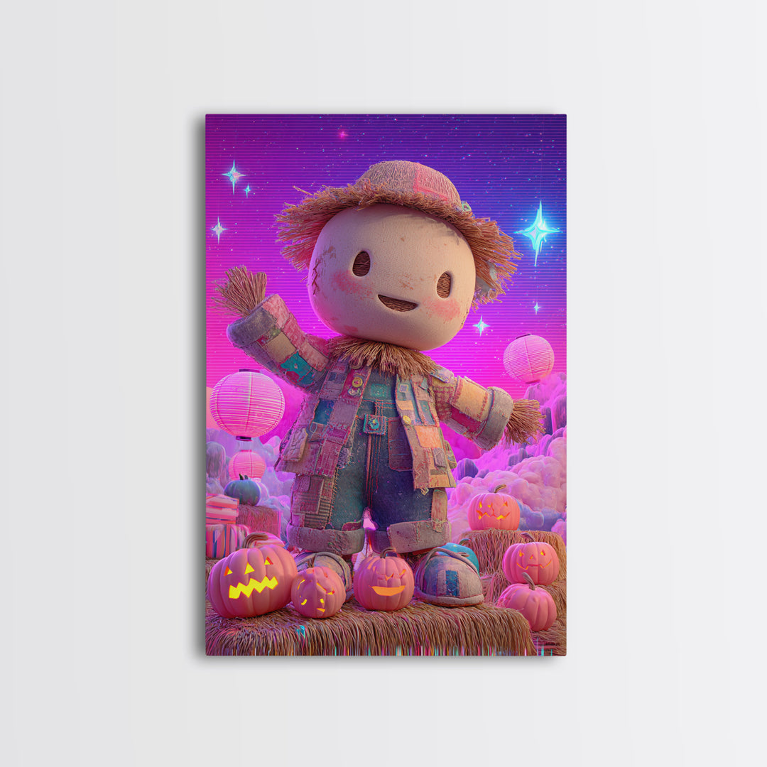 The Button-Nosed Scarecrow, Retro Neon Halloween Art, Vertical Wall Art, Framed Canvas Print, Retro Halloween Decor, Neon Wall Art