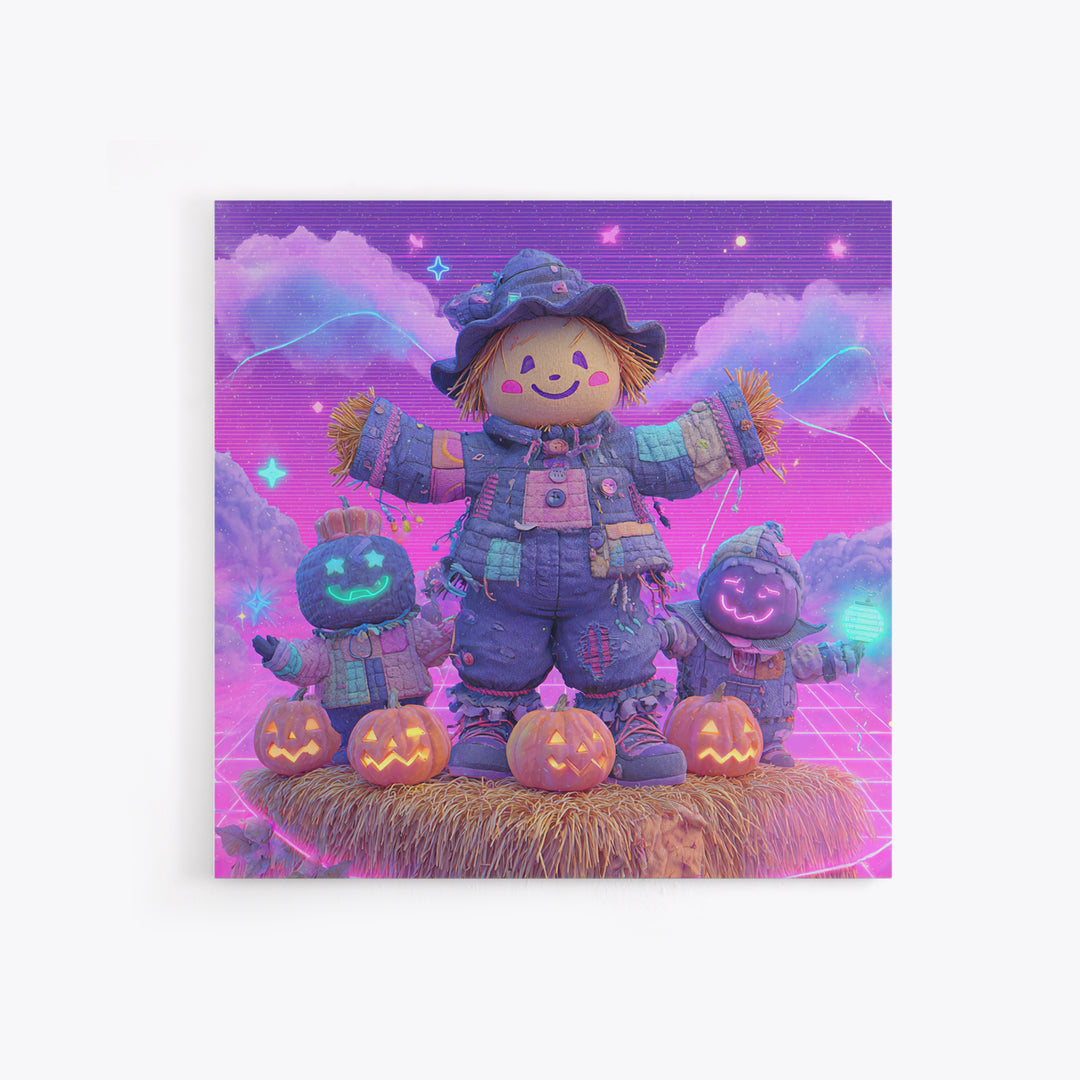 The Button-Nosed Scarecrow, Vaporwave Halloween Decor, Square Wall Art, Canvas Print, Retro Halloween Decor, Neon Wall Art, Macabre Wall Art