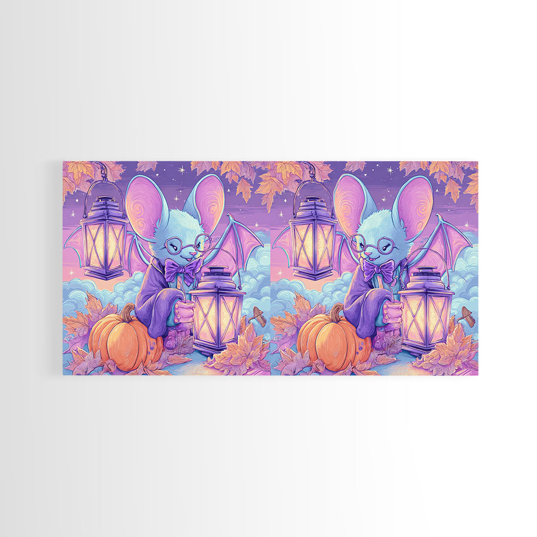 The Bow-Tie Bat, Vaporwave Halloween Decor, Wide Panoramic Art, Framed Canvas Print, Retro Halloween Decor, Neon Wall Art