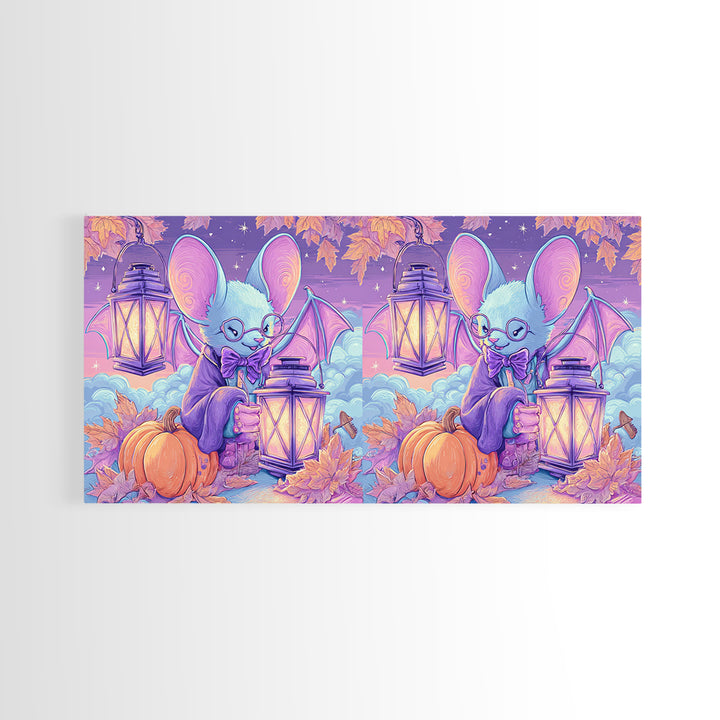 The Bow-Tie Bat, Vaporwave Halloween Decor, Wide Panoramic Art, Framed Canvas Print, Retro Halloween Decor, Neon Wall Art