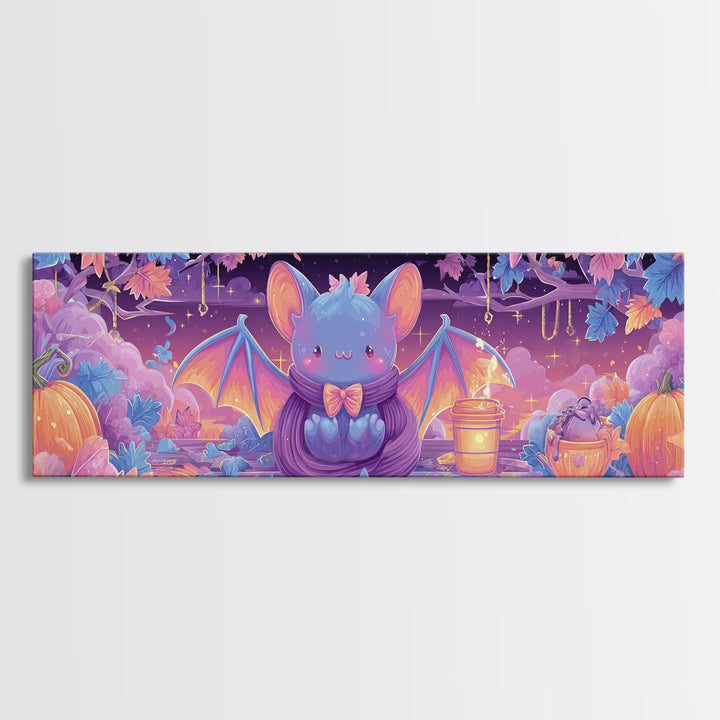 The Bow-Tie Bat, Cute Spooky Neon Art, Extra Wide Wall Art, Canvas Print, Retro Halloween Decor, Neon Wall Art, Dark Fantasy Art