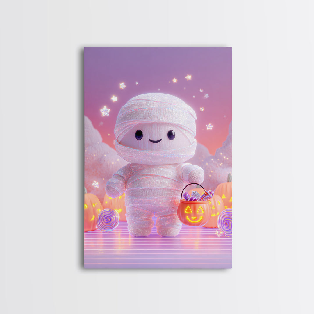 The Shy Little Mummy, Cute Spooky Neon Art, Vertical Wall Art, Framed Canvas Print, Retro Halloween Decor, Neon Wall Art