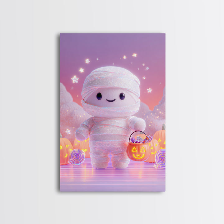 The Shy Little Mummy, Cute Spooky Neon Art, Vertical Wall Art, Framed Canvas Print, Retro Halloween Decor, Neon Wall Art
