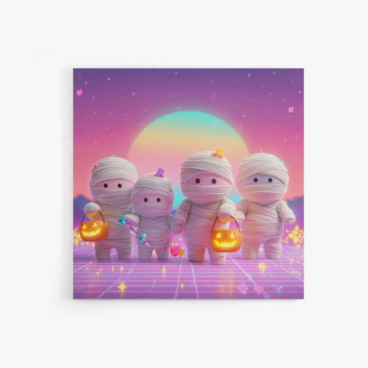 The Shy Little Mummy, Retro Neon Halloween Art, Square Wall Art, Canvas Print, Retro Halloween Decor, Neon Wall Art, Seasonal Home Decor