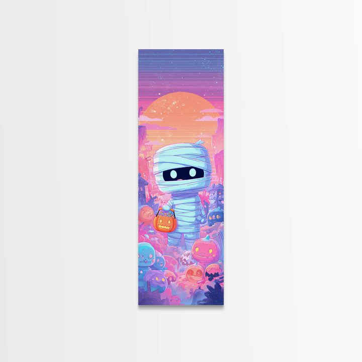 The Shy Little Mummy, Synthwave Halloween Art, Tall Narrow Wall Art, Canvas Print, Retro Halloween Decor, Neon Wall Art