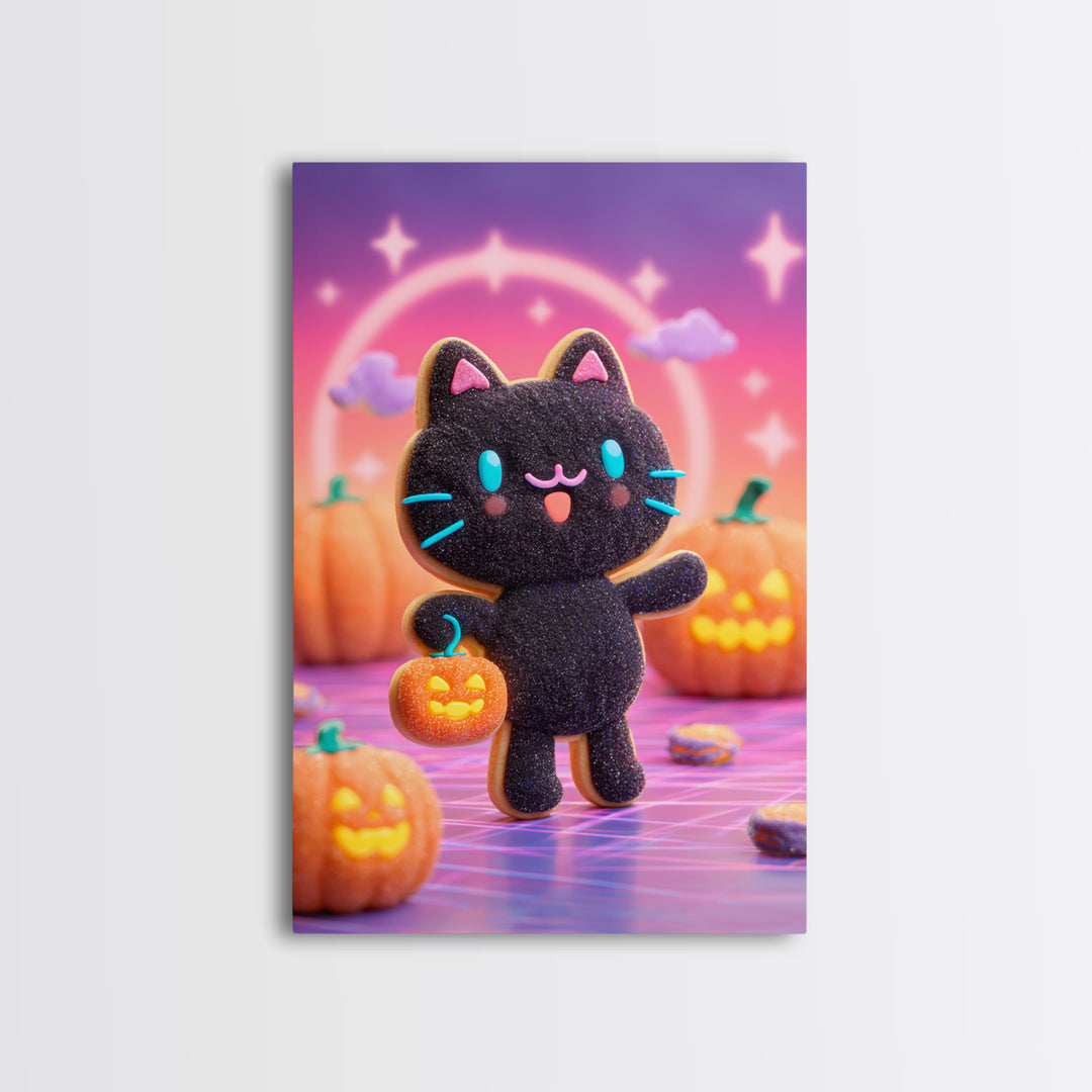 The Black Cat Baker, Cute Spooky Neon Art, Vertical Wall Art, Canvas Print, Retro Halloween Decor, Neon Wall Art, Horror Wall Art