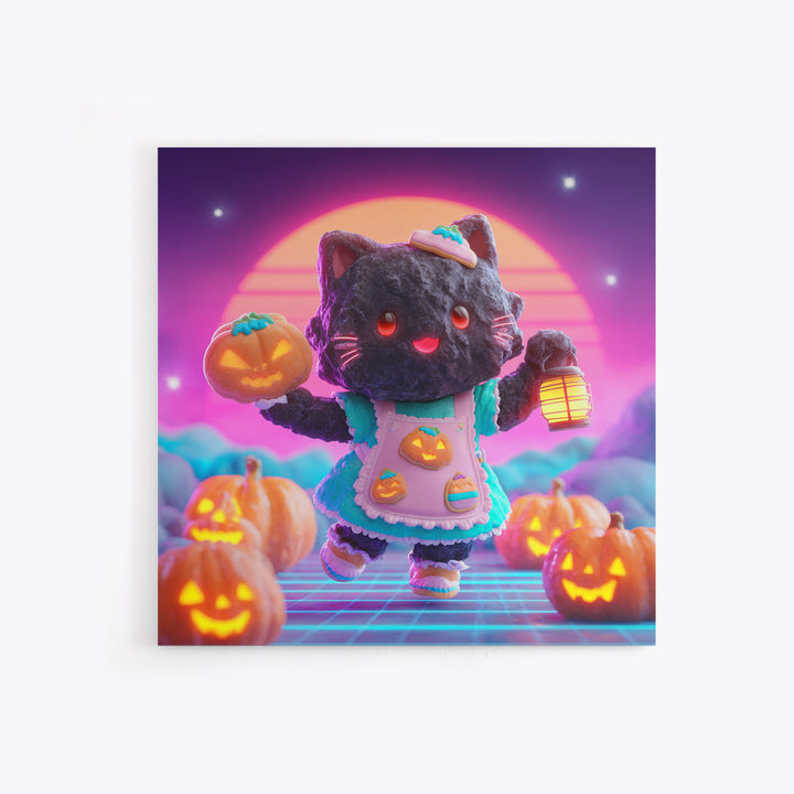 The Black Cat Baker, Vaporwave Halloween Decor, Square Wall Art, Framed Canvas Print, Retro Halloween Decor, Neon Wall Art, Horror Wall Art