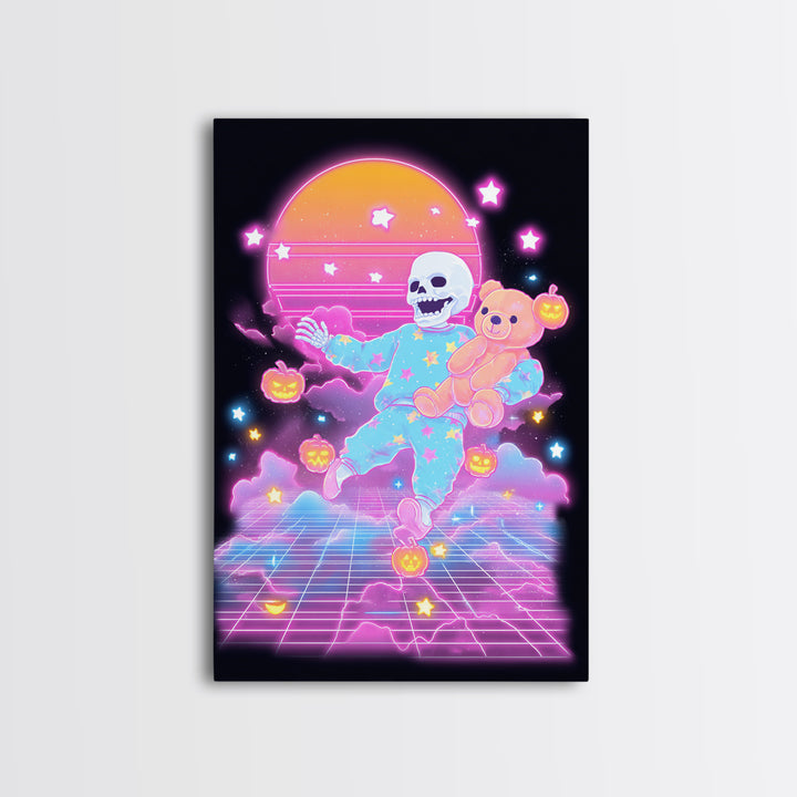 The Pajama Skeleton, Synthwave Halloween Art, Vertical Wall Art, Framed Canvas Print, Retro Halloween Decor, Neon Wall Art