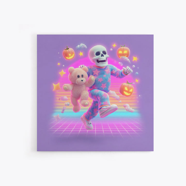 The Pajama Skeleton, Synthwave Halloween Art, Square Wall Art, Canvas Print, Retro Halloween Decor, Neon Wall Art, Spooky Wall Decor