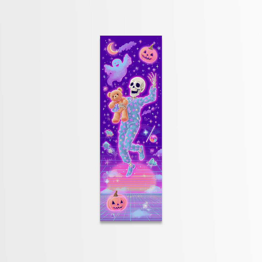 The Pajama Skeleton, Vaporwave Halloween Decor, Tall Narrow Wall Art, Framed Canvas Print, Retro Halloween Decor, Neon Wall Art