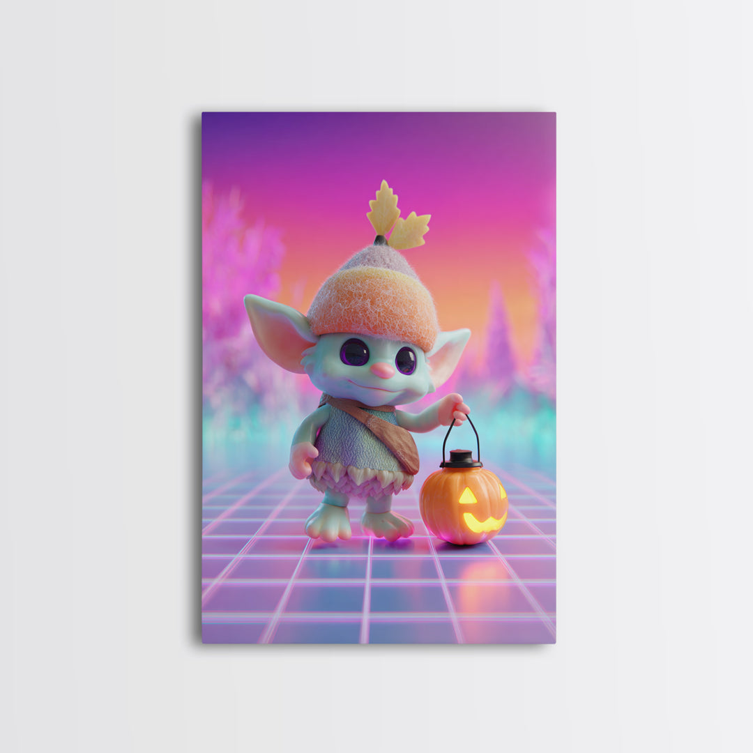 The Acorn Goblin, Cute Spooky Neon Art, Vertical Wall Art, Framed Canvas Print, Retro Halloween Decor, Neon Wall Art, Spooky Wall Decor