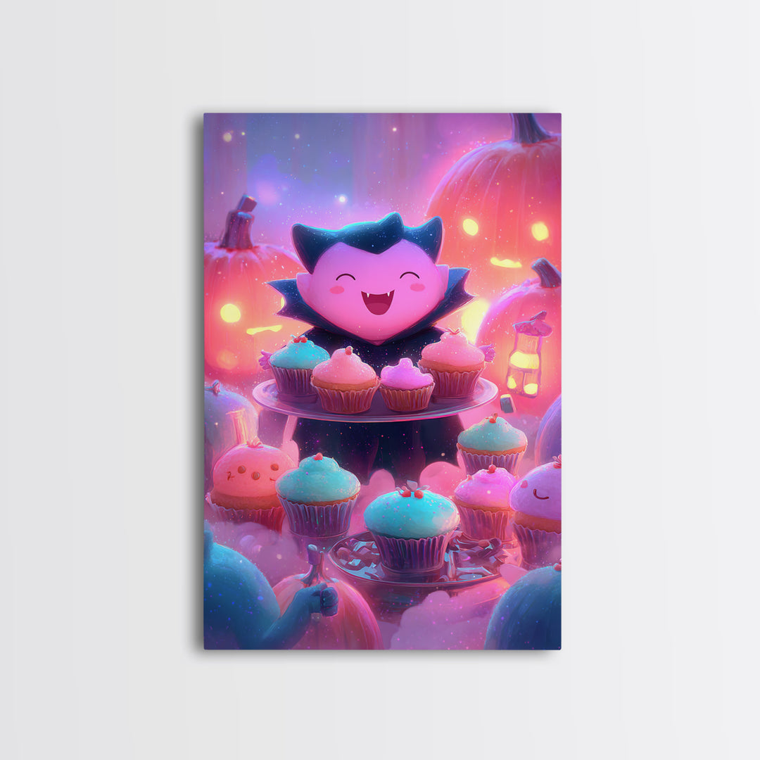 The Cupcake Vampire, Vaporwave Halloween Decor, Vertical Wall Art, Framed Canvas Print, Retro Halloween Decor, Neon Wall Art