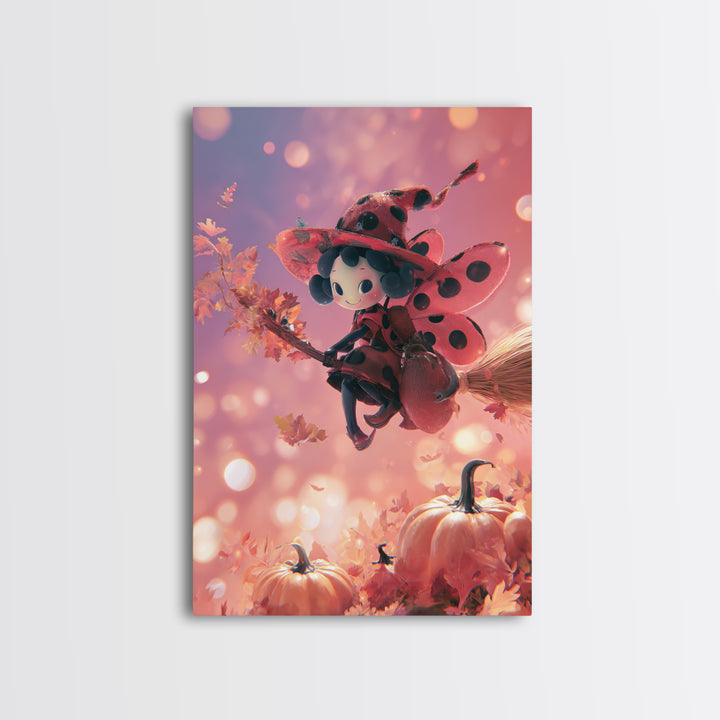 The Ladybug Witch, 80s Halloween Wall Art, Vertical Wall Art, Framed Canvas Print, Retro Halloween Decor, Neon Wall Art