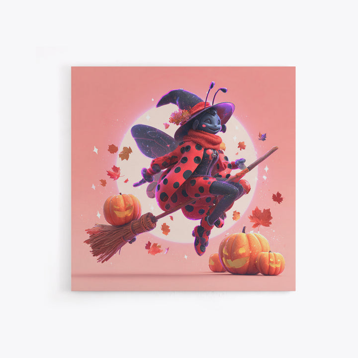 The Ladybug Witch, Retro Neon Halloween Art, Square Wall Art, Canvas Print, Retro Halloween Decor, Neon Wall Art, Halloween Wall Art