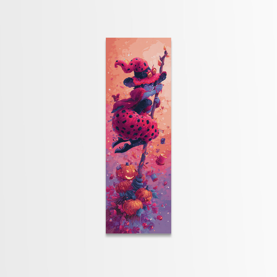 The Ladybug Witch, Retro Neon Halloween Art, Tall Narrow Wall Art, Canvas Print, Retro Halloween Decor, Neon Wall Art, Statement Wall Art