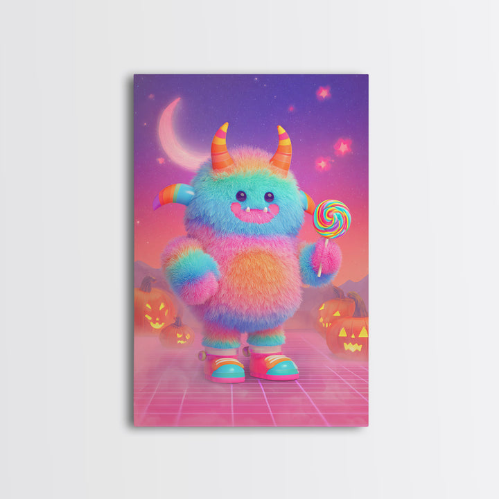 The Rainbow Monster, Vaporwave Halloween Decor, Vertical Wall Art, Canvas Print, Retro Halloween Decor, Neon Wall Art, Dark Fantasy Art