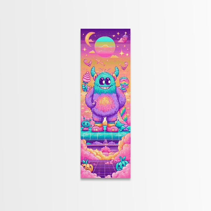 The Rainbow Monster, Synthwave Halloween Art, Tall Narrow Wall Art, Canvas Print, Retro Halloween Decor, Neon Wall Art, Horror Wall Art