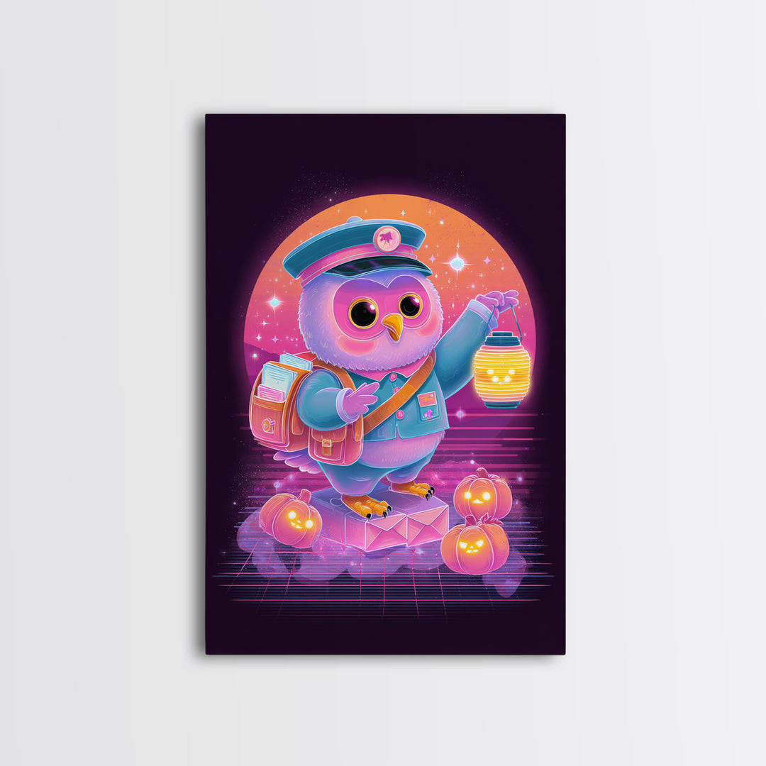 The Owl Postmaster, Cute Spooky Neon Art, Vertical Wall Art, Framed Canvas Print, Retro Halloween Decor, Neon Wall Art, Halloween Wall Art