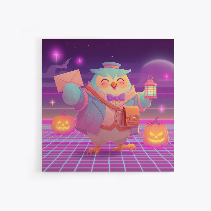 The Owl Postmaster, Retro Neon Halloween Art, Square Wall Art, Framed Canvas Print, Retro Halloween Decor, Neon Wall Art, Halloween Wall Art