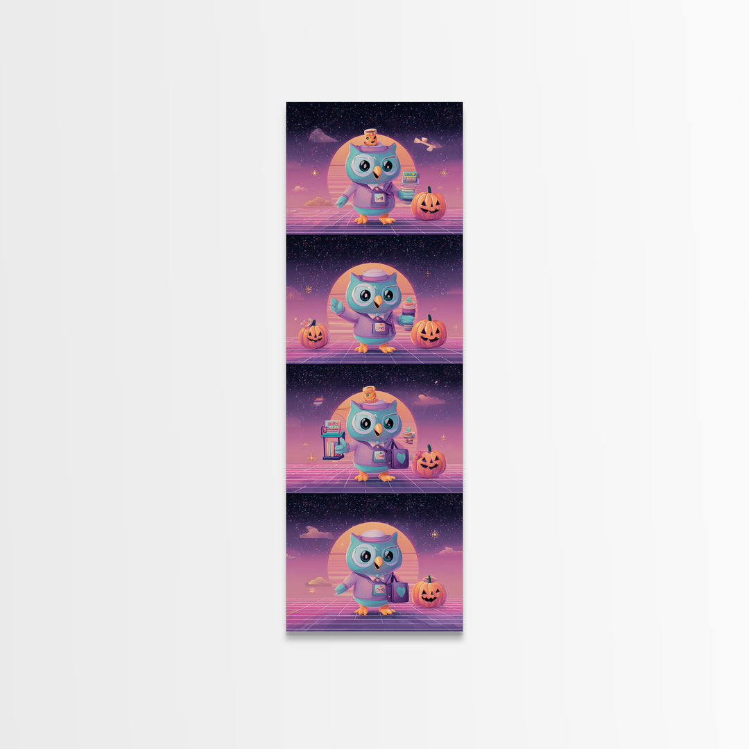 The Owl Postmaster, Vaporwave Halloween Decor, Tall Narrow Wall Art, Framed Canvas Print, Retro Halloween Decor, Neon Wall Art