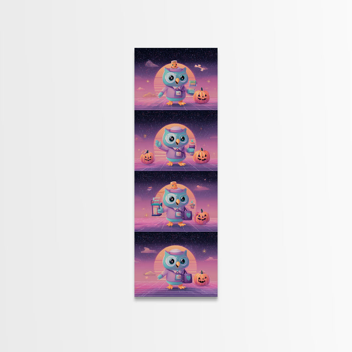 The Owl Postmaster, Vaporwave Halloween Decor, Tall Narrow Wall Art, Framed Canvas Print, Retro Halloween Decor, Neon Wall Art