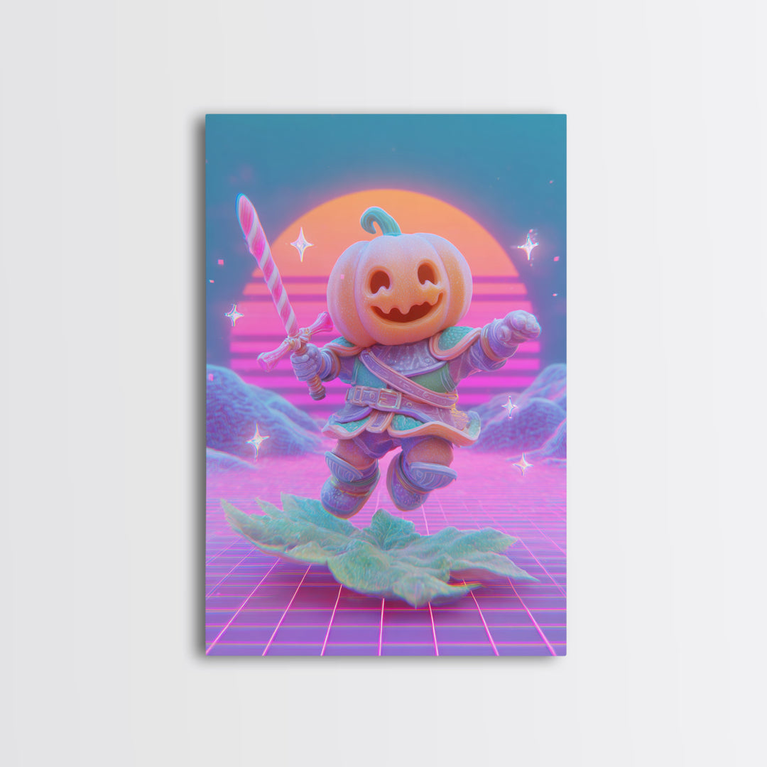 The Pumpkin Knight, 80s Halloween Wall Art, Vertical Wall Art, Framed Canvas Print, Retro Halloween Decor, Neon Wall Art, Horror Wall Art