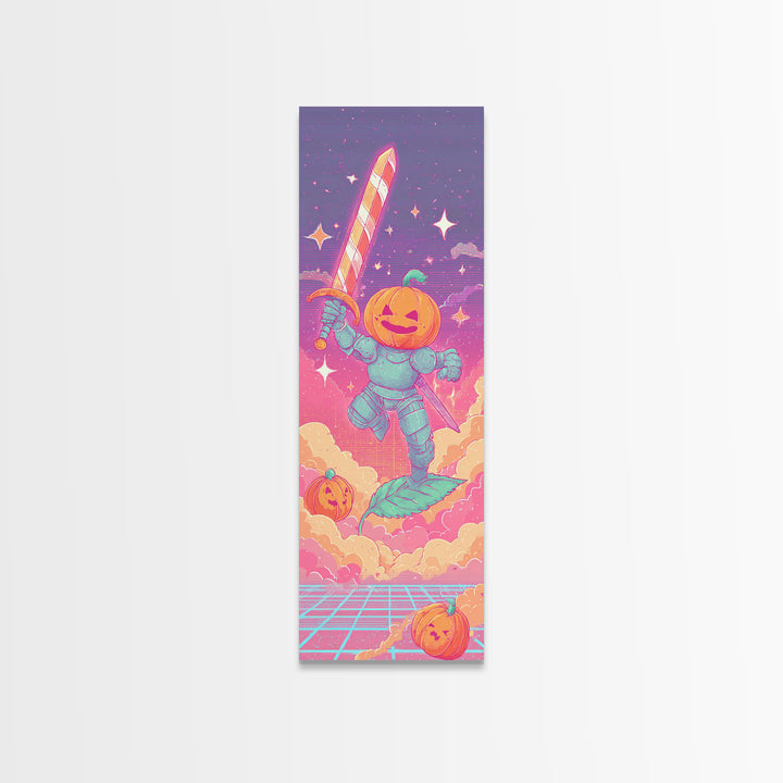 The Pumpkin Knight, Cute Spooky Neon Art, Tall Narrow Wall Art, Canvas Print, Retro Halloween Decor, Neon Wall Art, Dark Fantasy Art