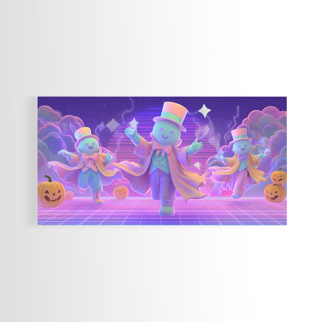 The Star-Cape Magician, Synthwave Halloween Art, Wide Panoramic Art, Framed Canvas Print, Retro Halloween Decor, Neon Wall Art