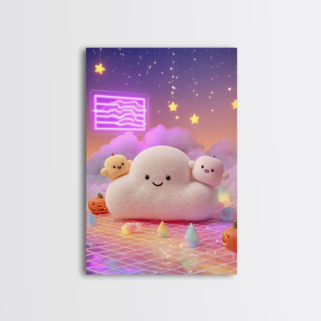 The Cloud Ghost, Retro Neon Halloween Art, Vertical Wall Art, Canvas Print, Retro Halloween Decor, Neon Wall Art, Seasonal Home Decor