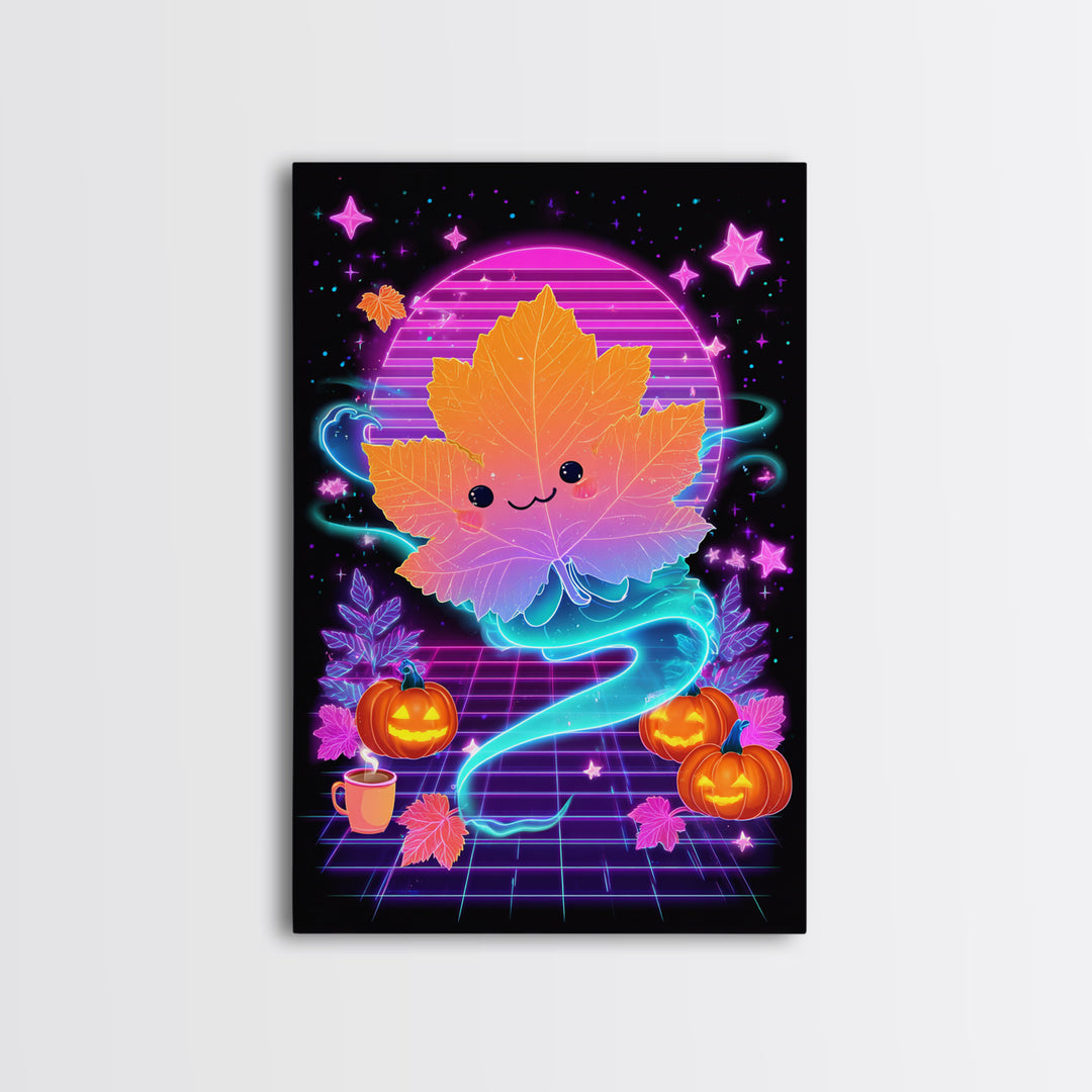 The Autumn Leaf Sprite, Retro Neon Halloween Art, Vertical Wall Art, Canvas Print, Retro Halloween Decor, Neon Wall Art, Horror Wall Art