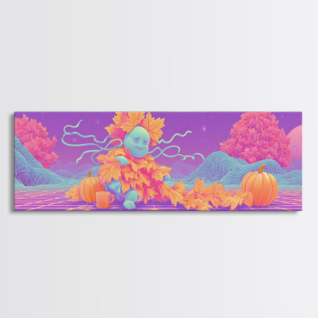 The Autumn Leaf Sprite, Retro Neon Halloween Art, Extra Wide Wall Art, Framed Canvas Print, Retro Halloween Decor, Neon Wall Art