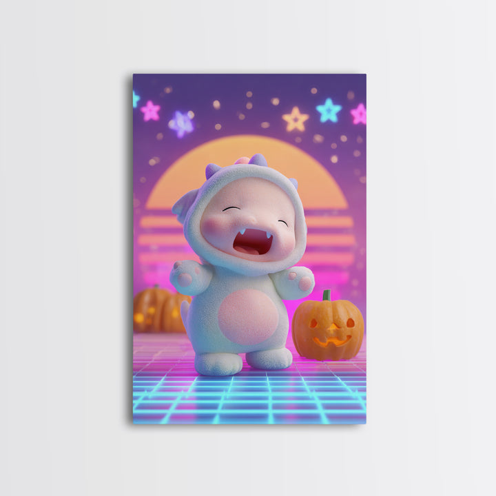 The Sleepy Costume Dragon, Synthwave Halloween Art, Vertical Wall Art, Canvas Print, Retro Halloween Decor, Neon Wall Art, Gothic Home Decor