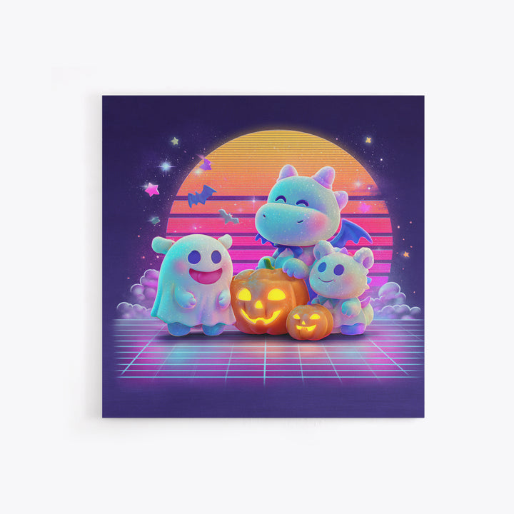 The Sleepy Costume Dragon, Vaporwave Halloween Decor, Square Wall Art, Canvas Print, Retro Halloween Decor, Neon Wall Art