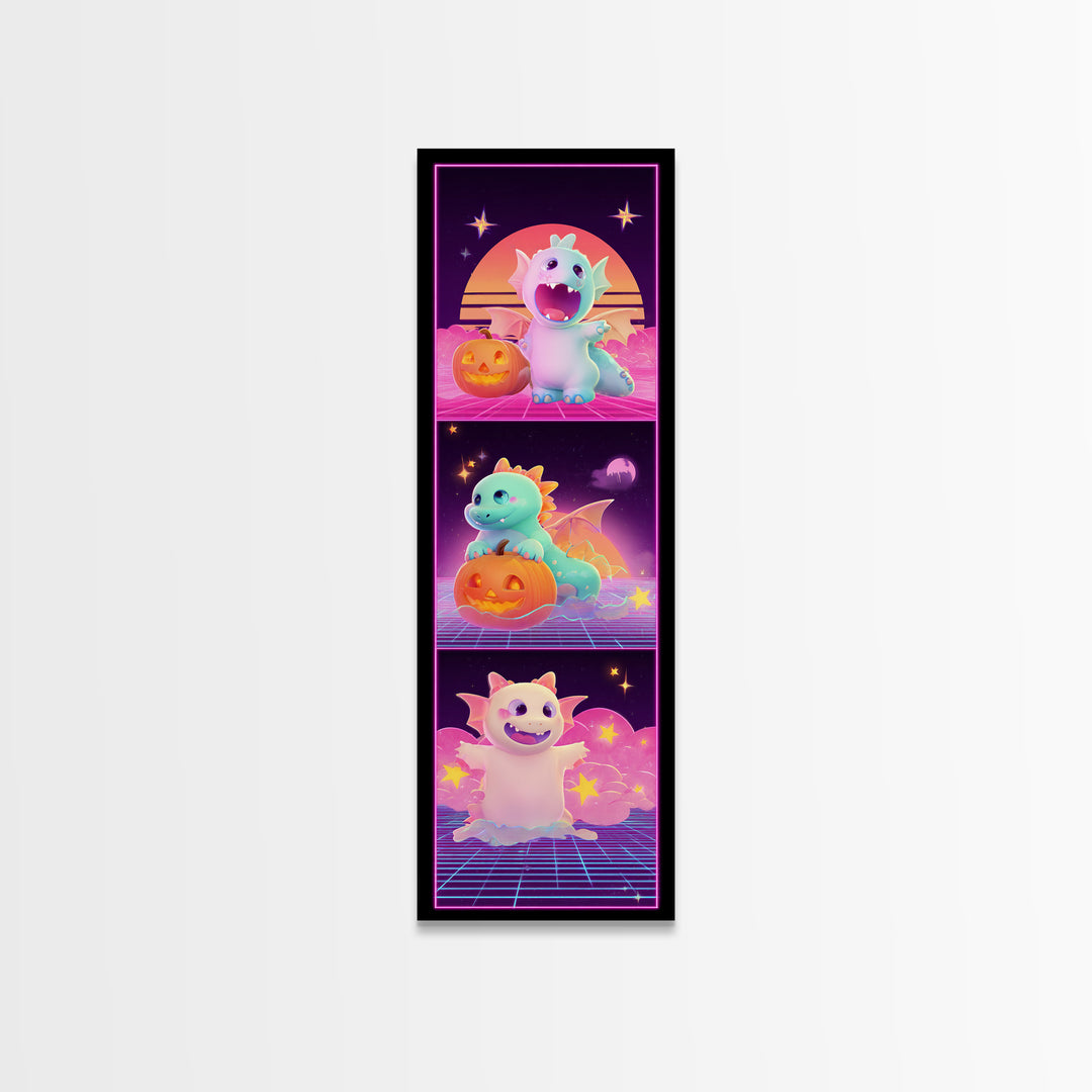The Sleepy Costume Dragon, Synthwave Halloween Art, Tall Narrow Wall Art, Canvas Print, Retro Halloween Decor, Neon Wall Art